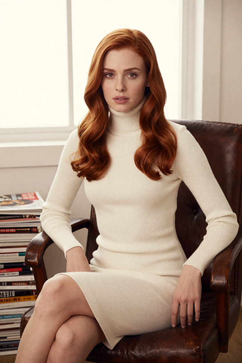 Editorial portrait of a fictional 30-year-old woman with long glossy auburn waves parted in the centre