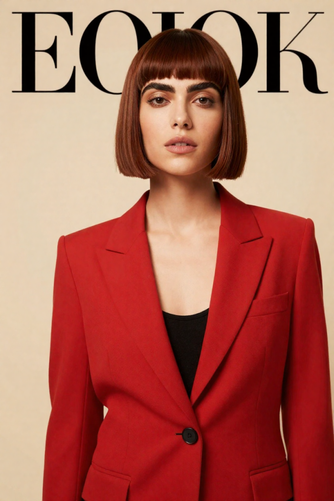 CreatorLinkPage magazine-cover portrait: a fictional adult woman with a sleek chestnut-brown blunt bob and bold arched brows, wearing a tomato-red tailored blazer against a warm cream studio backdrop