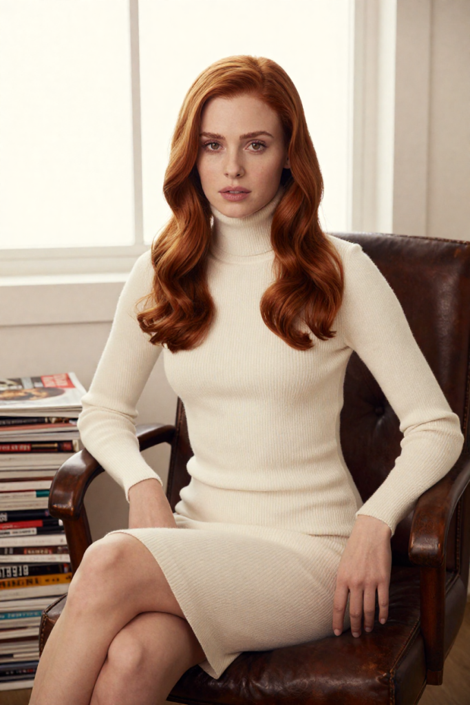 CreatorLinkPage editorial portrait: a fictional adult woman with long glossy auburn waves, wearing a cream ribbed knit turtleneck dress, seated on a vintage leather editorial office chair beside a stack of glossy magazines